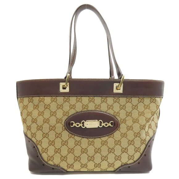 GUCCI Brown Canvas Leather Tote Bag 22x40x13cm Rank AB - Picture 1 of 11